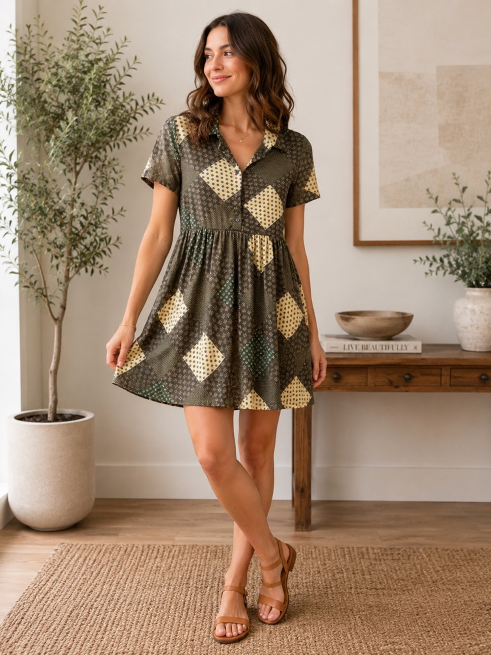 Urban Outfitters Dottie Collared Mesh Dress Patchwork |M|